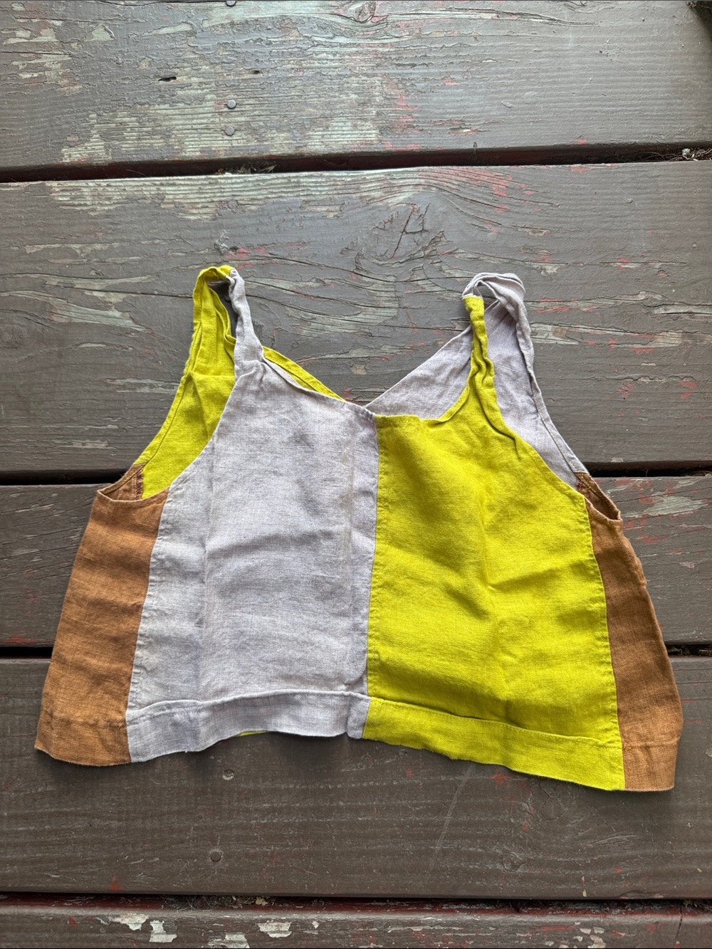 Colorblock Linen Crop Tank Top - Yellow, Gray & Brown